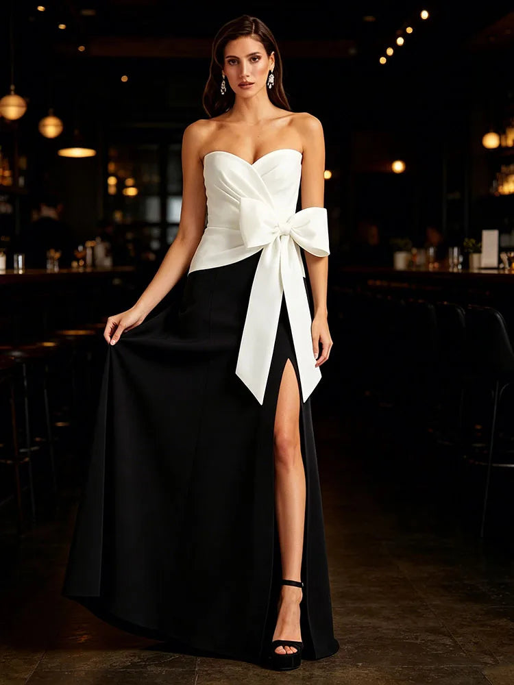 Sexy Strapless Black and White Patchwork Butterfly Bow Long Dress Women Sleeveless Ruched Split Slim Dresses Evening Party Gowns