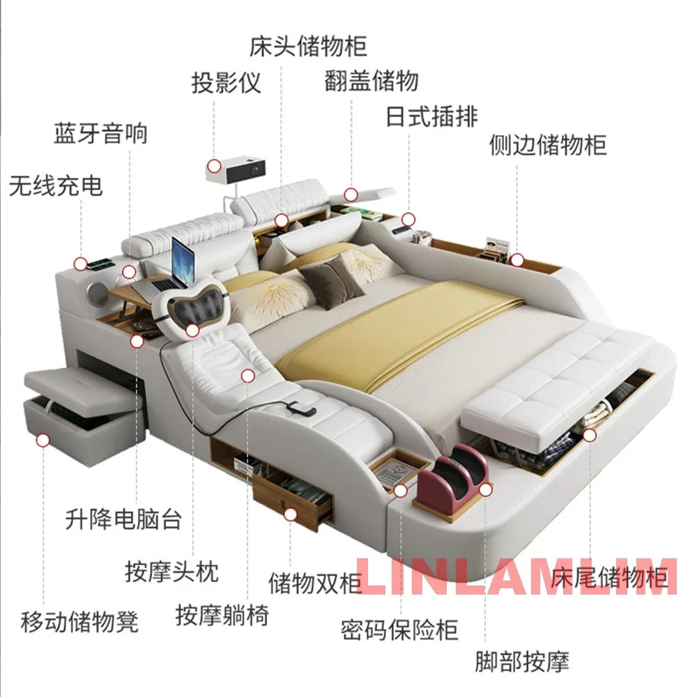 MINGDIBAO Modern MULTIFUNCTIONAL Tech SMART BED 2 People | FUTURISTIC FURNITURE | Ultimate Massage Tatami Genuine Leather Beds