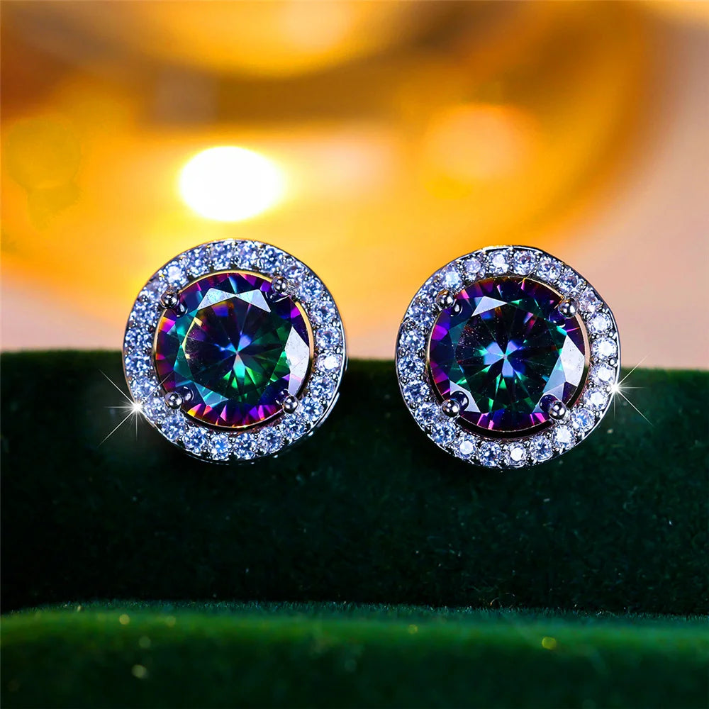Crystal Stud Earrings Round — Purple Blue Green | KIMLUD