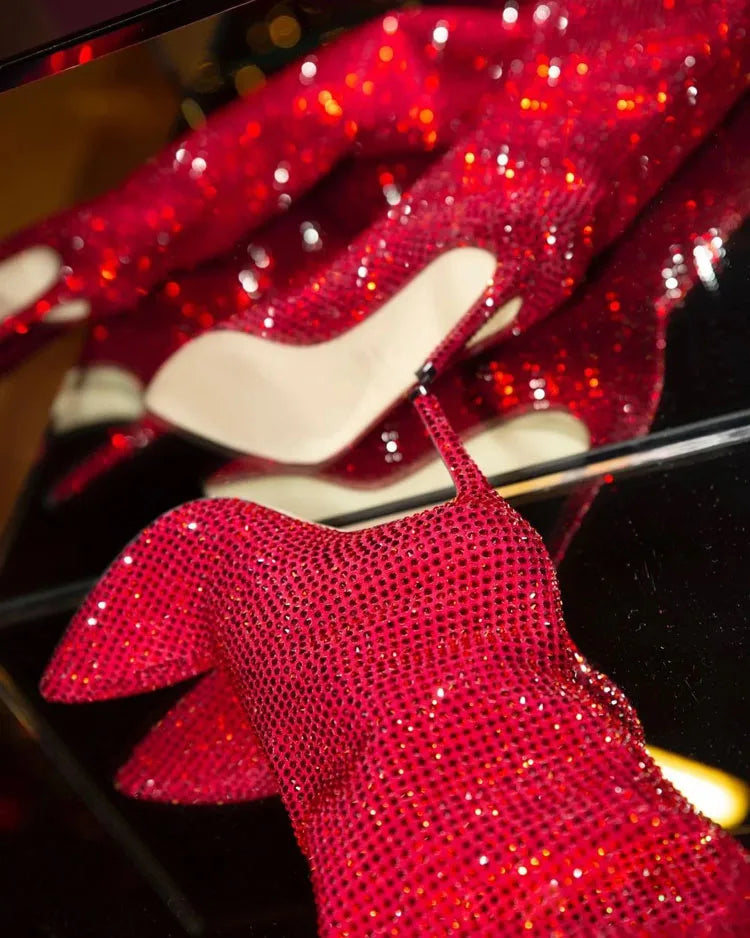 2025Women's New European and American Fashion Show Starry Sky High-heeled Rhinestone Pointed Nightclub Four Seasons Boots