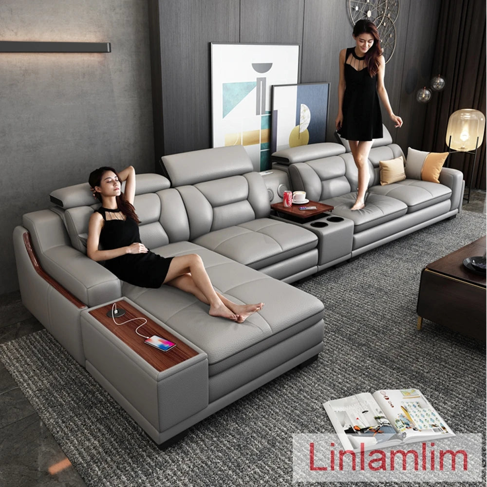 Italian Genuine Leather Sofa Featuring Bluetooth Speaker — Slate Gray | KIMLUD