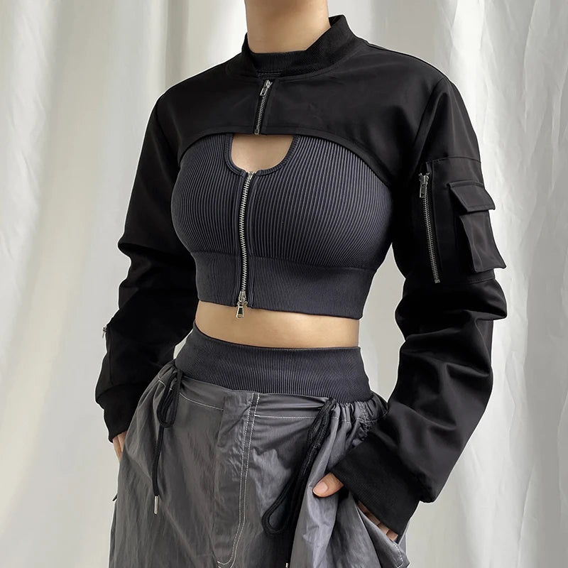 Showmirror Super-short Black Jacket Zipper Long Sleeve Harajuku Cropped Tshirt Gothic Techwear Fashion Korean Tee Punk Street