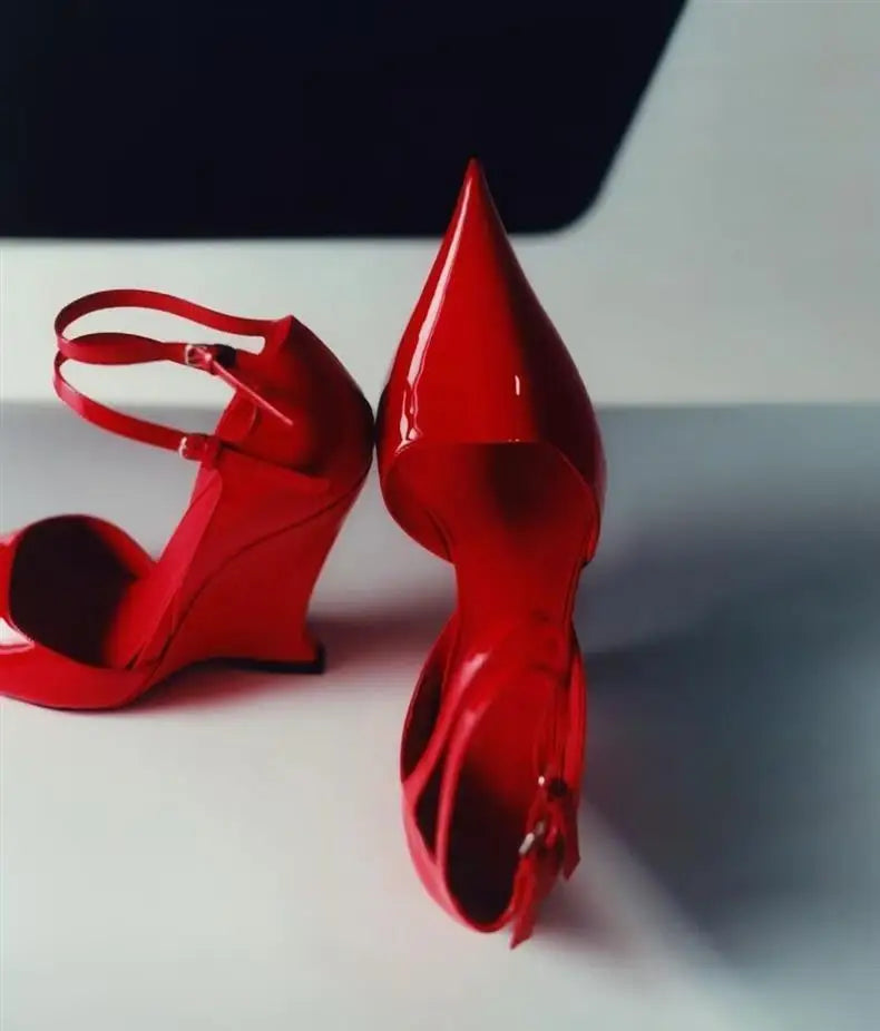 Wedge Pumps Mary Jane Buckle Strap — Red Cherry | KIMLUD