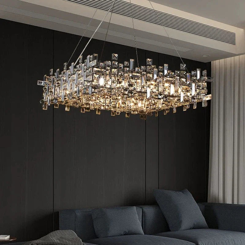 Postmodern light luxury square chrome crystal LED pendant light for living room dining room indoor home decoration E14 fixtures