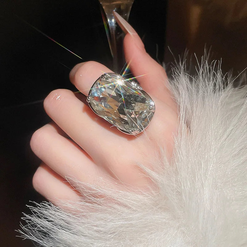 Rings Big Oval Clear Crystal Glass Open Rings — Clear | KIMLUD