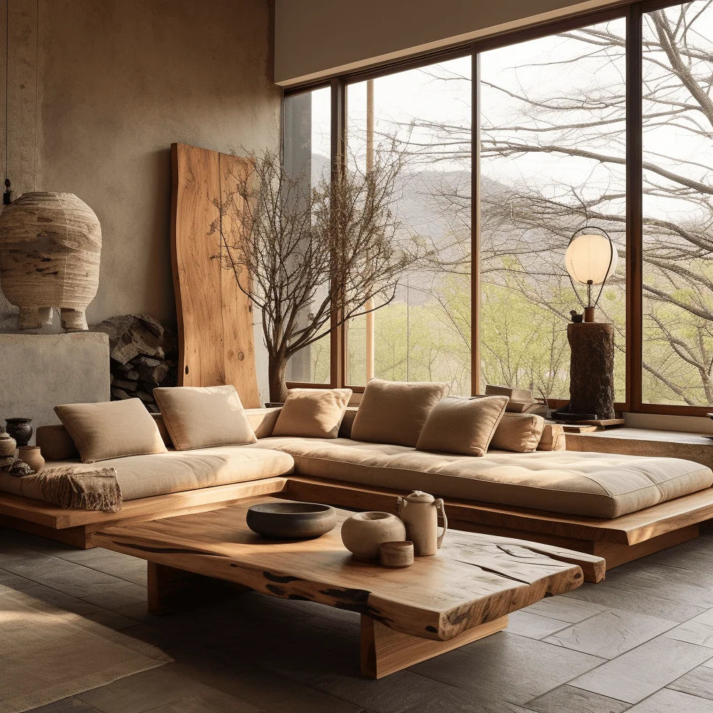 Solid Wood Wabi-Sabi L-Shaped Sofa With Log-Inspired Silhouette — Cream | KIMLUD