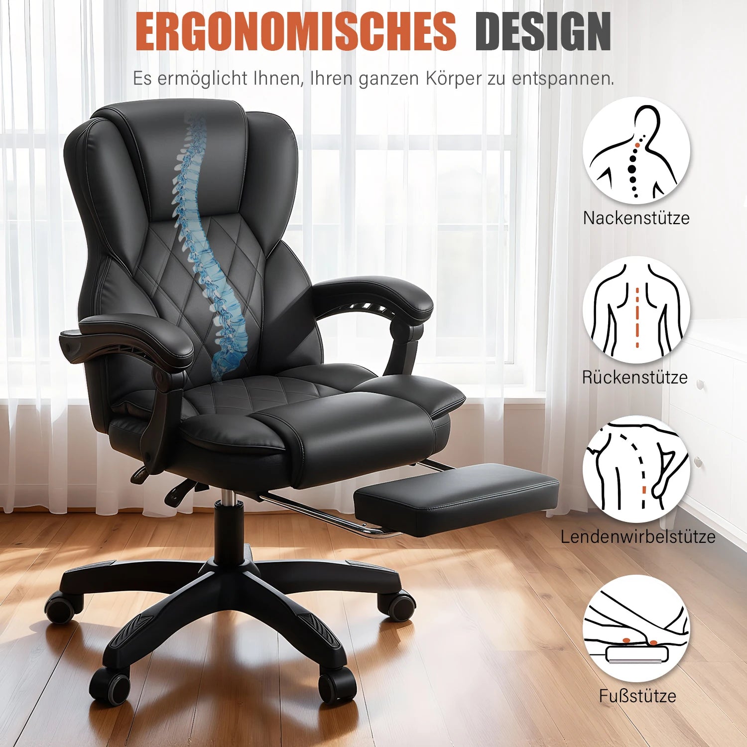Office Chair - 150Kg Capacity - PU Leather - Black/White | KIMLUD