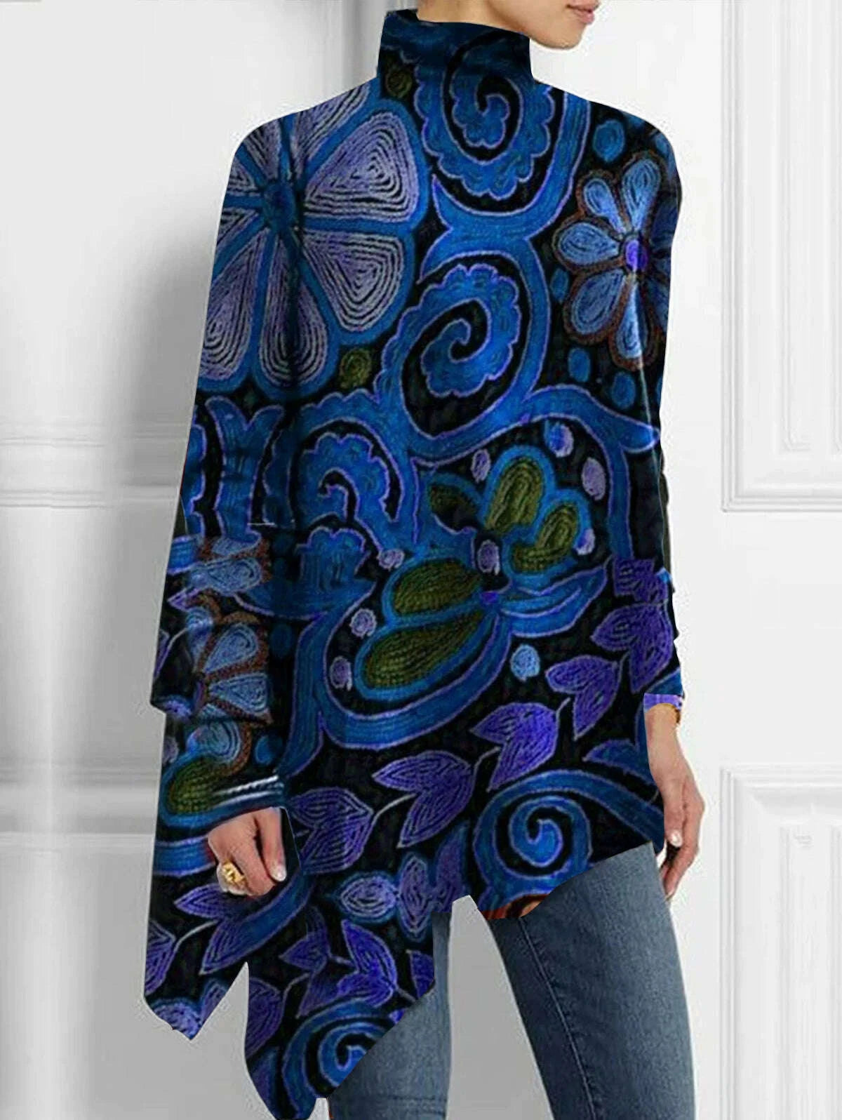KIMLUD, Women's Plus Size Irregular Hem Blouse Autumn Winter Fashion Retro Long Sleeve T-Shirt Turtleneck Casual Loose Asymmetrical Top, KIMLUD Womens Clothes