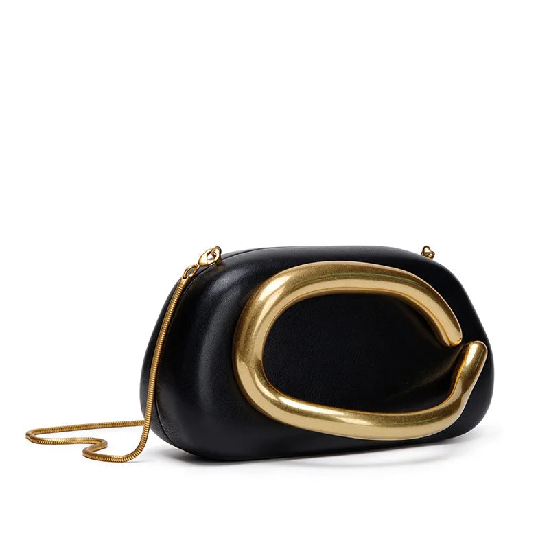 PU Leather Box Clutch Bag With Gold Closure And Chain Detailing — Black | KIMLUD