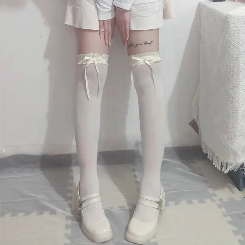 Women Lace Black White Ruffle Long Socks Women Girls Sweet Stockings JK Lolita Nylon Lace Leggings Over The Knee Bowknot Hosiery