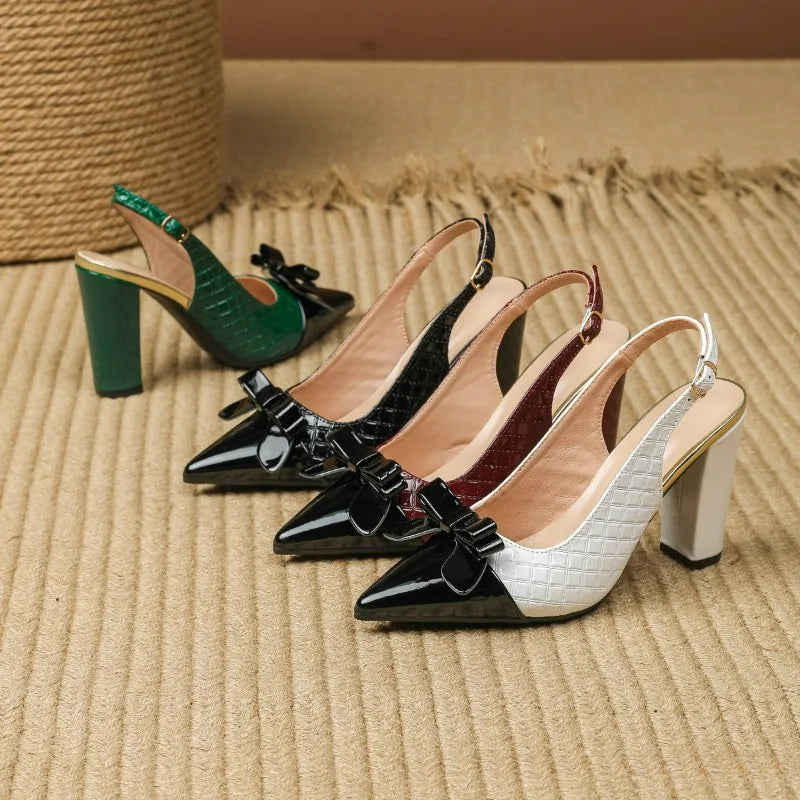 Slingback Block Heel Sandals – Bow Detail – Patent Leather | KIMLUD