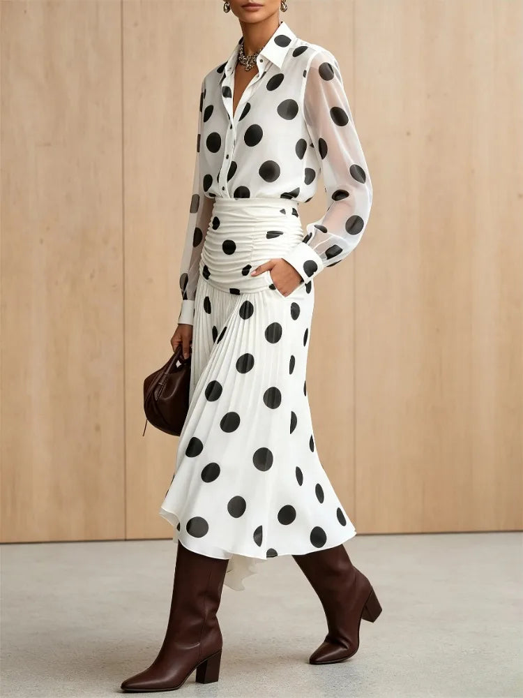 Vintage Polka Dot Chiffon Shirt — Semi-Sheer Long Sleeve Blouse