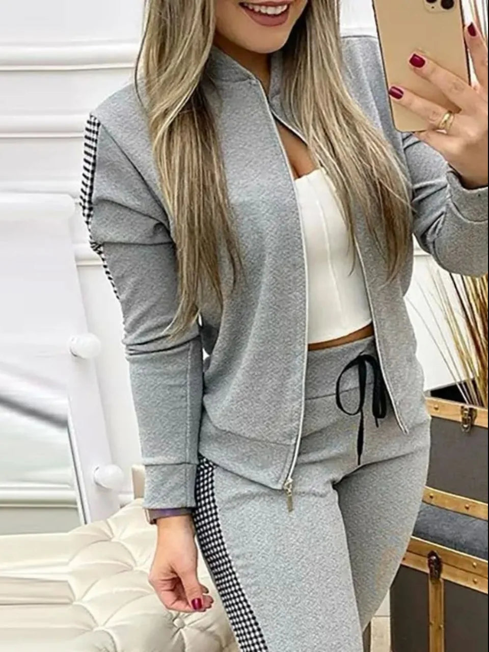 Sport Plaid Patchwork Long Sve Set Women's Casual Sportswear Polyester Fabric Zipper Closure Long Pants Two-Piece Set