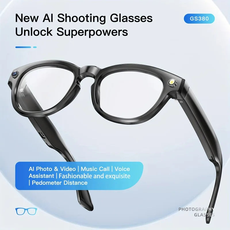 AI Voice Assistant Smart Glasses - Wireless Calls, AI Translation, with LED Flashlight Remote Camera, Music Playback, Gift