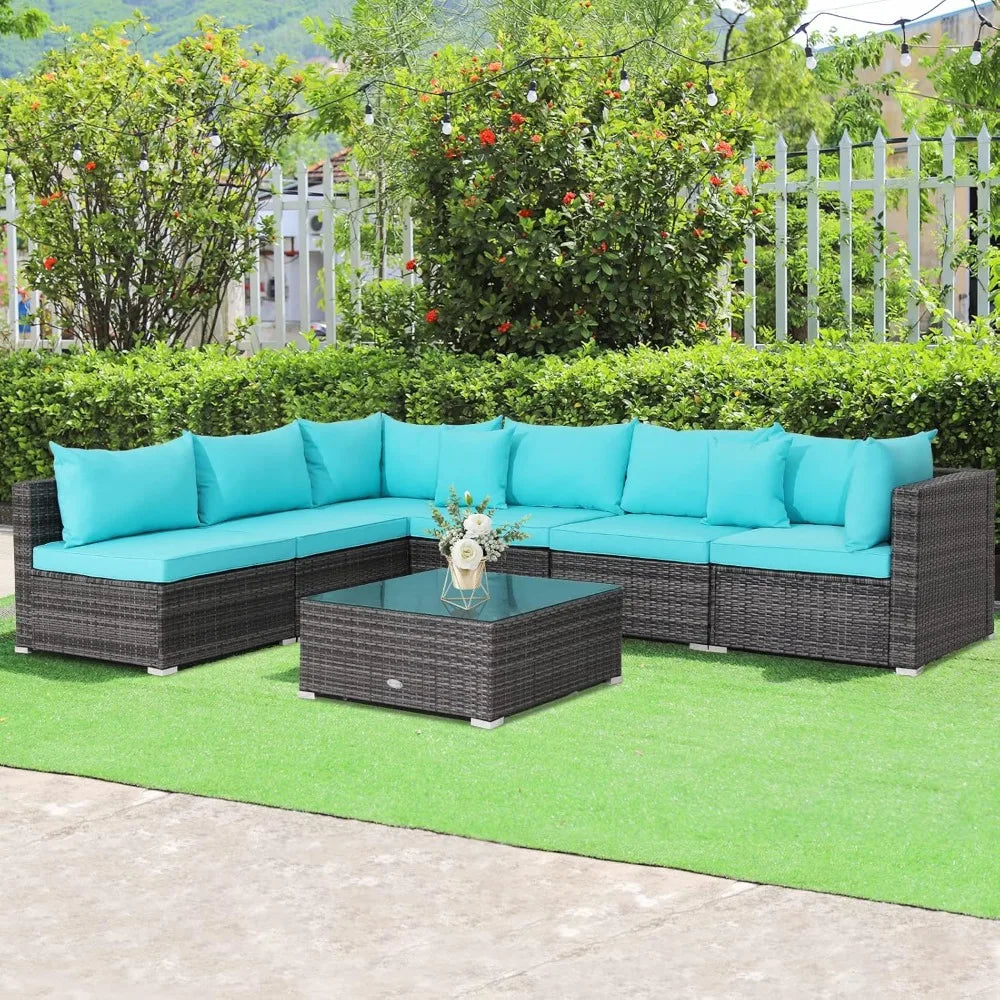 7 Pieces Patio Furniture Set, Patiojoy All-Weather Outdoor Rattan Sectional Sofa Set with Cushions and Tempered Glass Coffee Ta