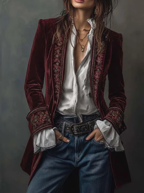 Retro Women's Jacket Loose Casual Temperament Fashion Printed Palace Style Jacket Long Sleeves Spliced gold Velvet Outerwears