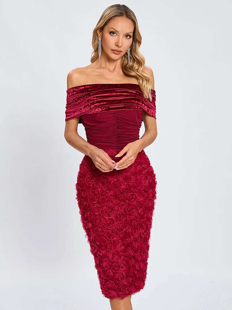 VC Red Off The Shoulder Midi Dress Flower Patchwork Mesh Slash Neck Velvet Bodycon Prom Celebrity Cocktail Party Wear Vestidos