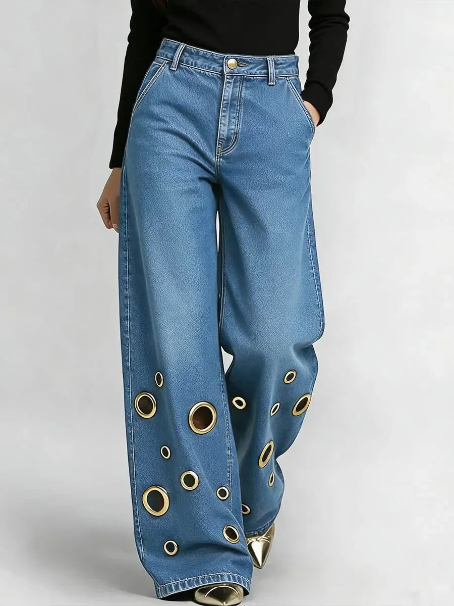 Elegant Wide Leg Casual Pants Broadcloth — Blue | KIMLUD