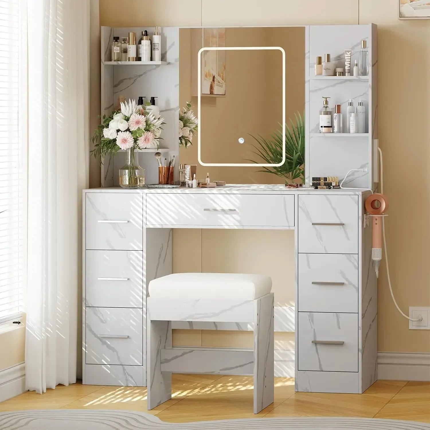 Vanity Table with Large Mirror and Chair, Power Outlet, Hair Dryer Rack, 7 Drawers 3 Lighting Modes Brightness Adjustable