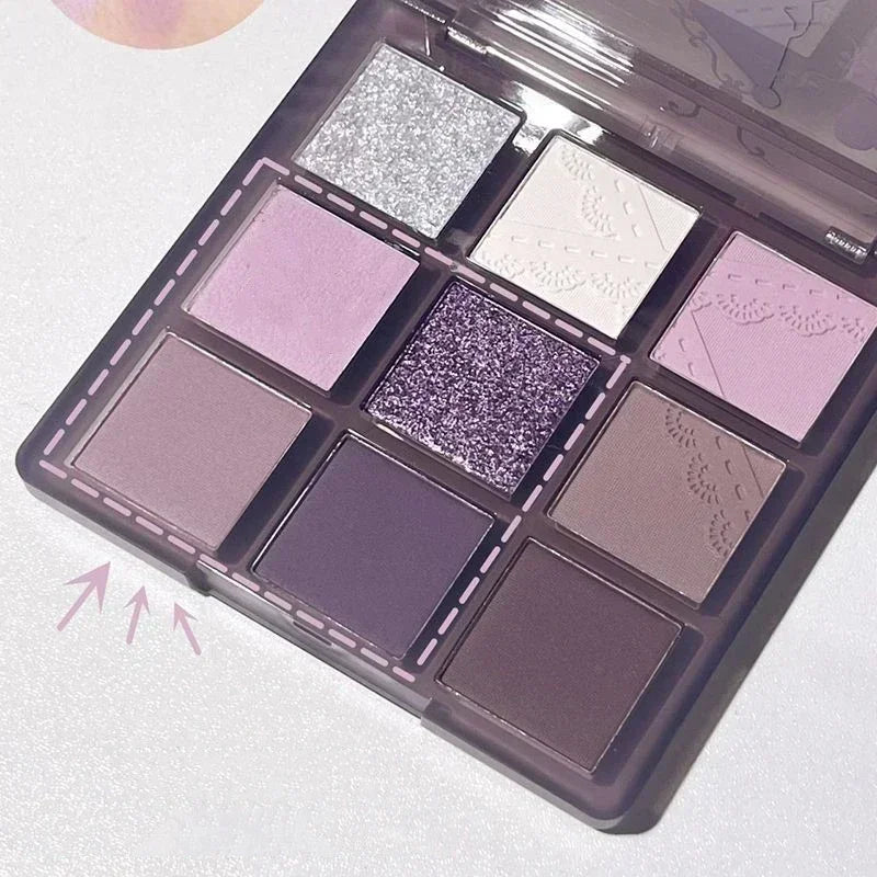 9 Colors Glitter Eyeshadow Palette Purple Lace Shimmer Pearlescent Matte Acrylic Eye Shadows Palette Waterproof Eye Make Up