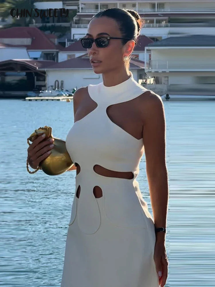 Elegant Halter Women's Dress Sleeveless Hollow Out Hip Package Lady Mi