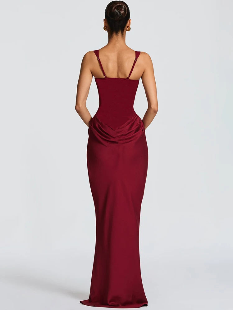 Backless Maxi Dress With Square Collar — Burgundy | KIMLUD