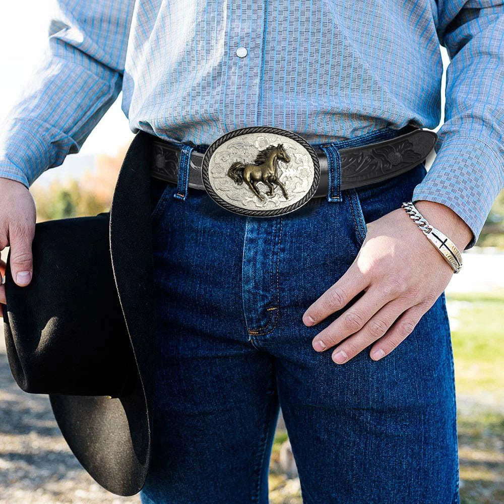 Men's Western Style Belt - Horse Print Floral Carving - PU | KIMLUD