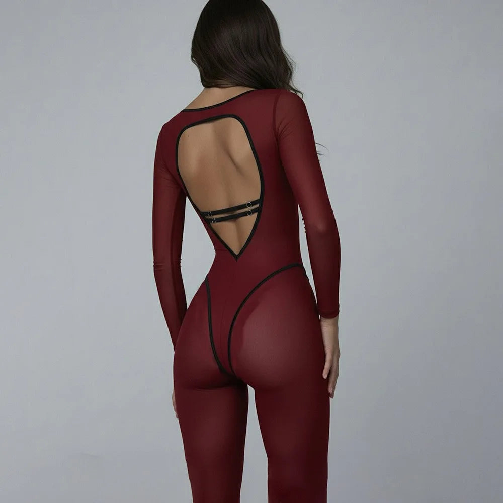 Backless Jumpsuit Long Sleeve High Waist Hollow Out — Burgundy | KIMLUD