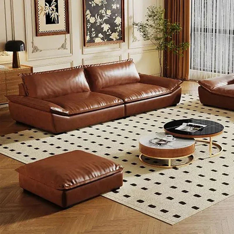 Ergonomic European Leather Sofa With Sculptural Low Profile — Brown | KIMLUD