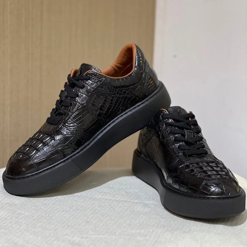 Authentic Crocodile Skin Clear Black Male Casual Platform Board Shoes Genuine Real Alligator Leather Men's Lace-up Walk Sneakers