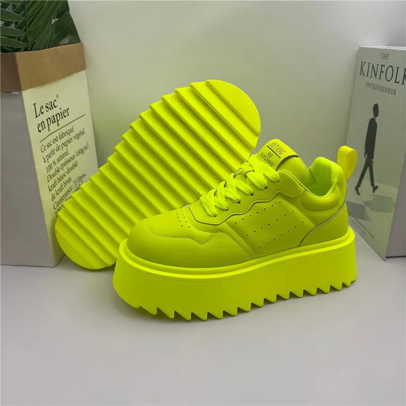 Men's Lace-Up Casual Shoes – Fluorescent Green Thick Sole | KIMLUD