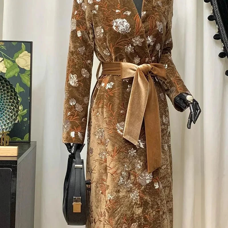 BESTBAFU Luxury Sequin Party Jacket Women Chinese Style Retro Embroidered Velvet Coat Winter v-Neck Belt Long Outerwears 261F
