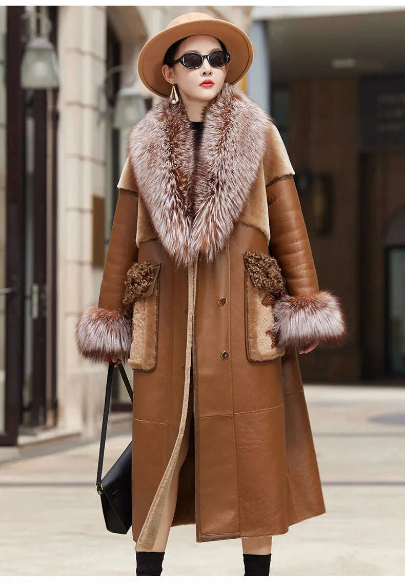 KIMLUD, Slim Long Real Leather Jackets Women Fashion Solid Buttons Coats Women Elegant Tie Belt Waist Pockets Jackets Female Ladies, KIMLUD Womens Clothes