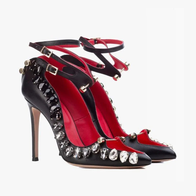 Crystal Embellished Patent Leather Pumps Crystal Trim — Black | KIMLUD