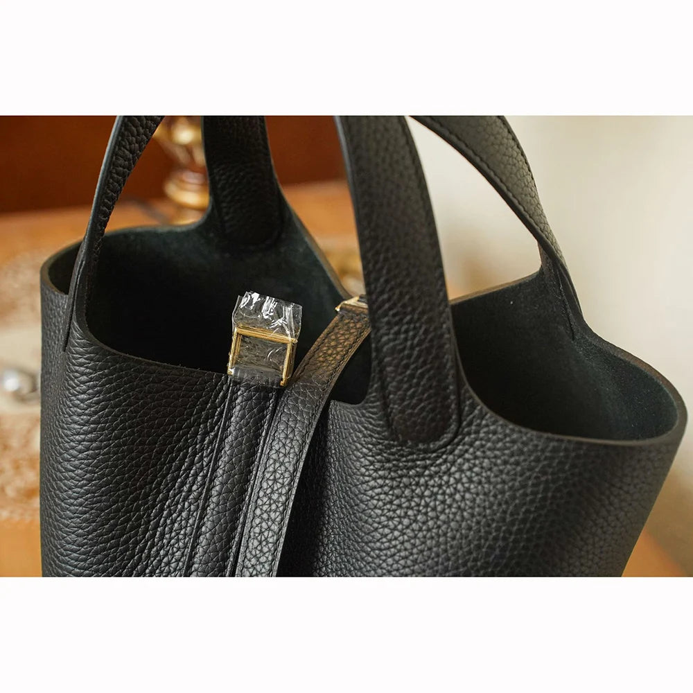 Head Layer Cowhide Leather Bucket Bag Large Capacity — Taupe | KIMLUD