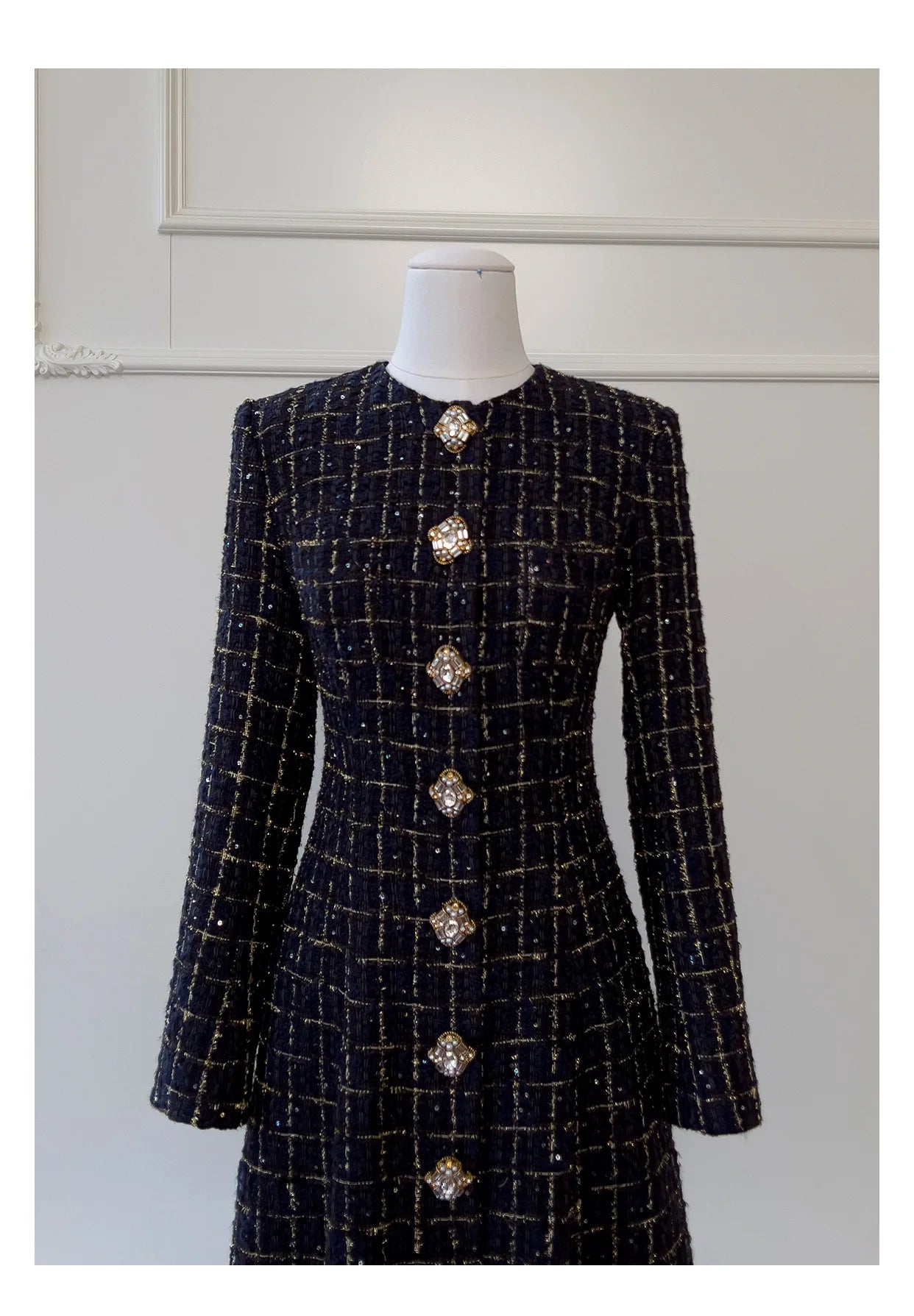 IEQJ Fashion Autumn Winter Evening Dress Women O-Neck Long Sleeves Single-breasted Zipper Cotton Tweed Umbrella Dresses New