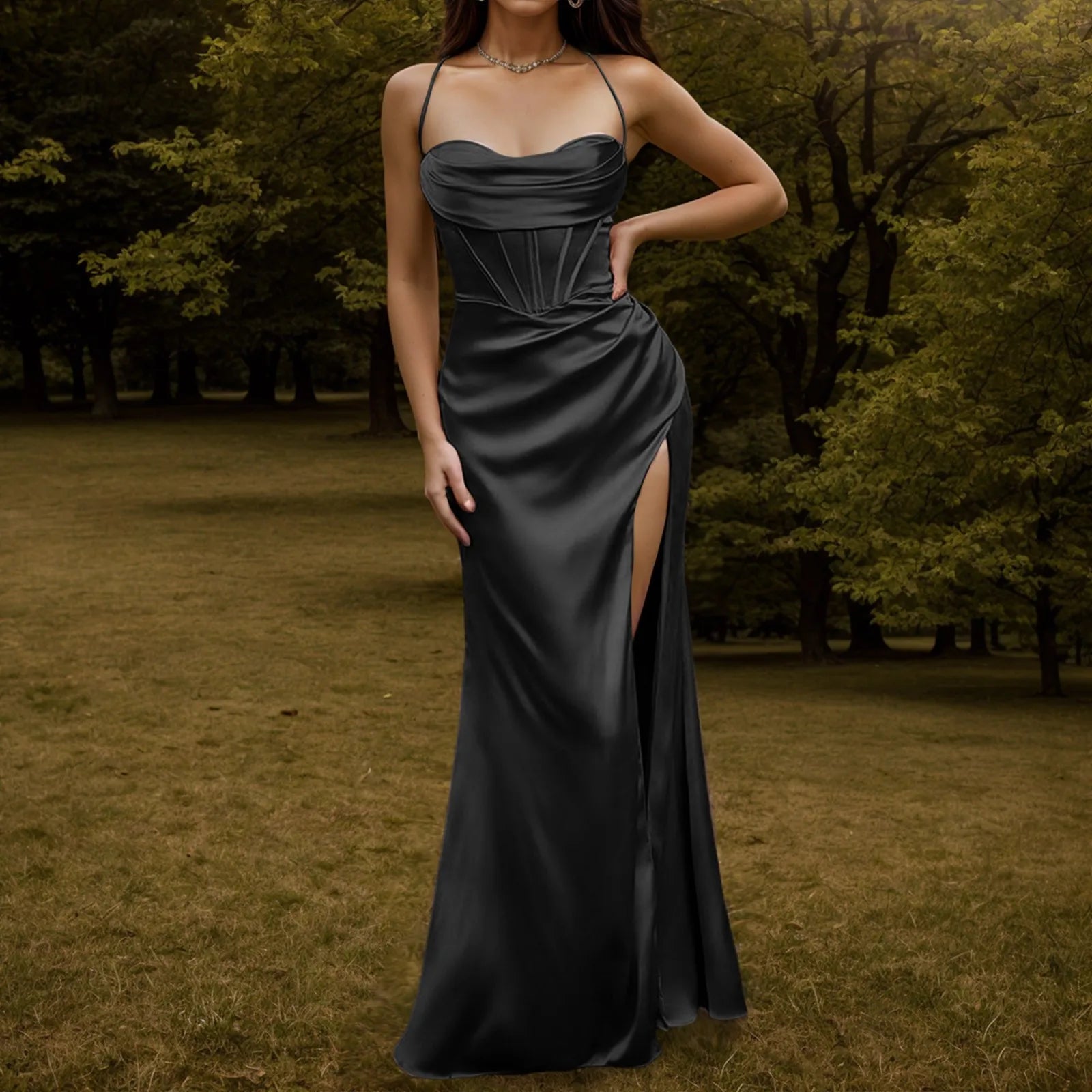 Dresses – Lace Up Backless High Slit Corset Maxi – Polyester – Green | KIMLUD