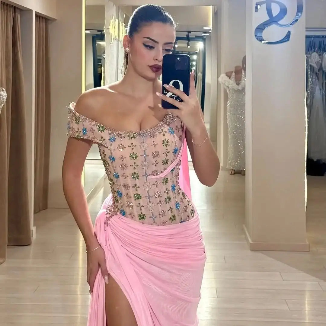 One-Shoulder Beaded Evening Dress – Draped Chiffon – Pink | KIMLUD