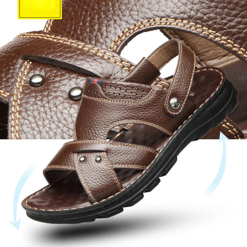 Genuine Leather Sandals Ankle-Wrap Thick-Sole Non-Slip — Cognac Brown | KIMLUD