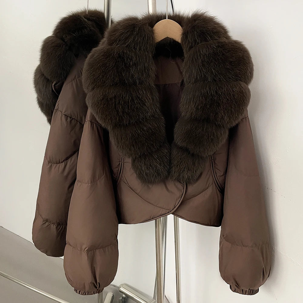 Down Coat – Real Fox Fur Trim – Duck Down – Natural | KIMLUD