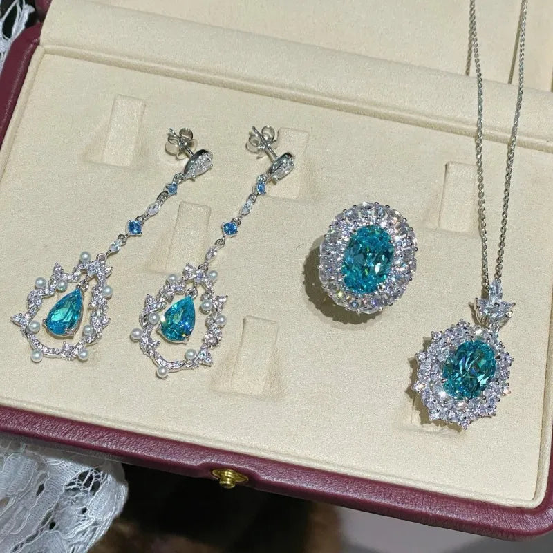 Jewelry Set – Zircon Necklace Earrings Ring – Sterling Silver | KIMLUD