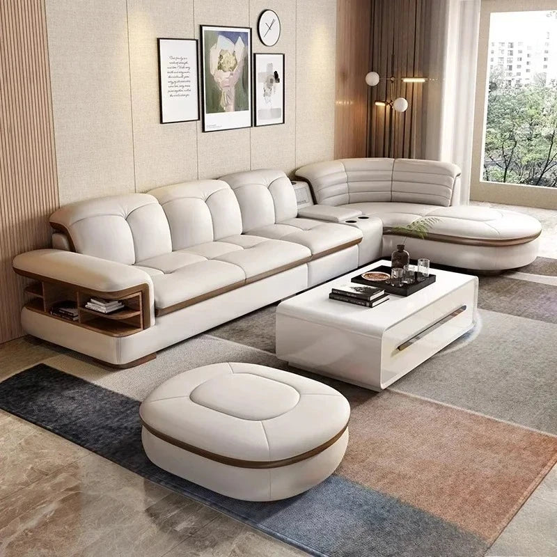 Genuine Leather Solid L-Shaped Sofa — Black | KIMLUD