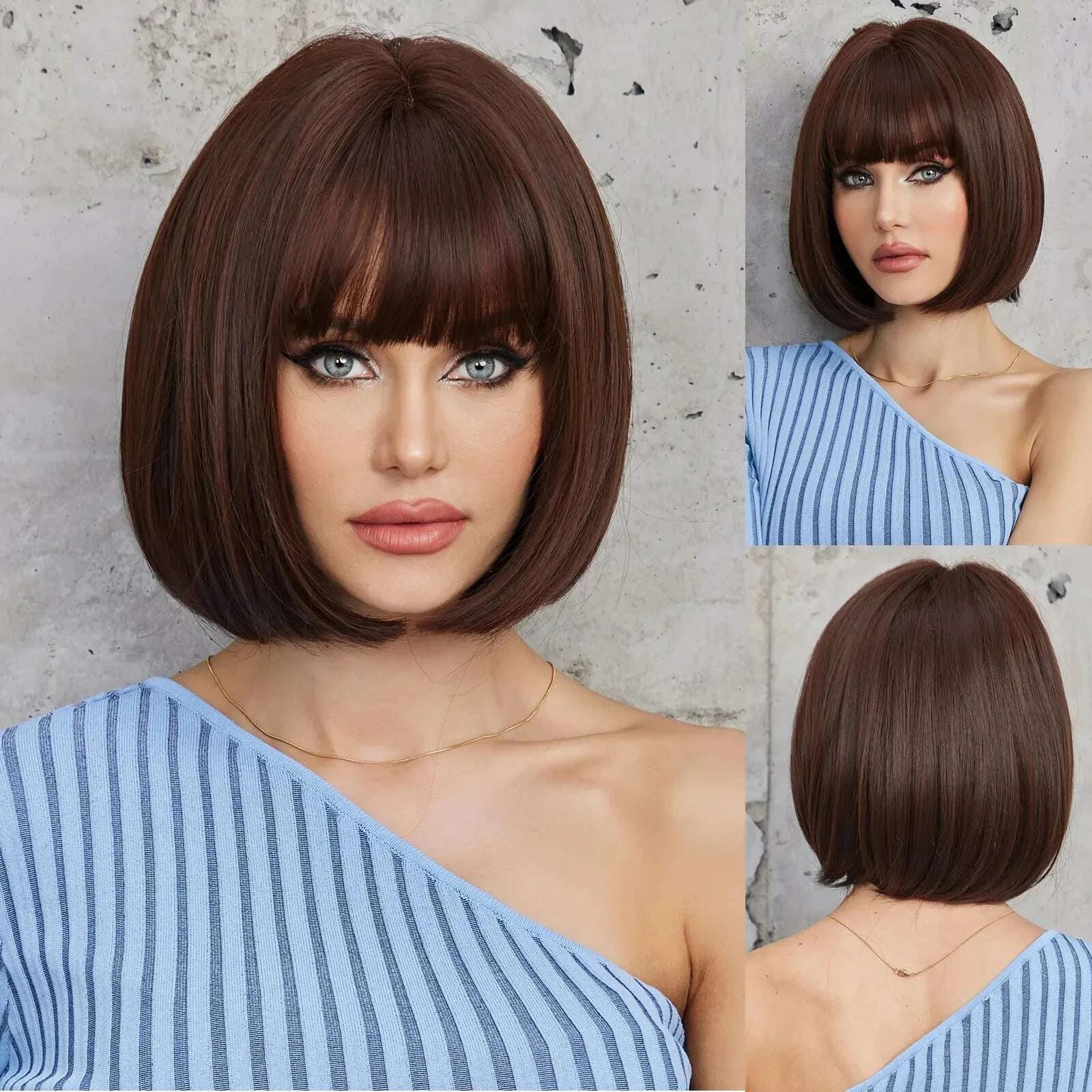 KIMLUD, Short straight synthetic wig Ginger Brown Bob wig with straight bangs Ladies Cosplay daily natural high temperature silk wig, KIMLUD Womens Clothes