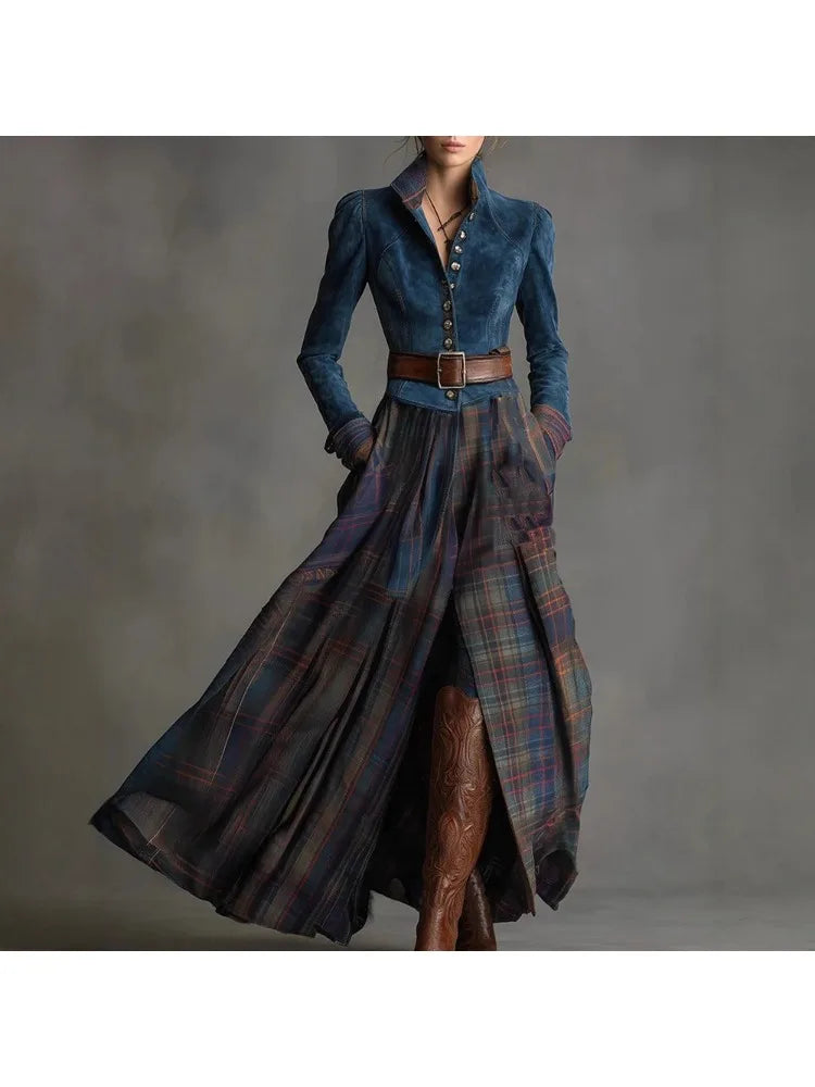 Leather Velvet Splicing Plaid Maxi Dress — Navy | KIMLUD