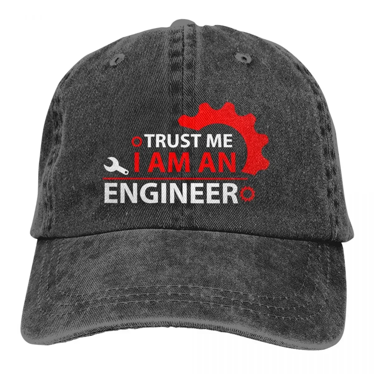 Washed Denim Trucker Cap With Bold Logo — Red | KIMLUD