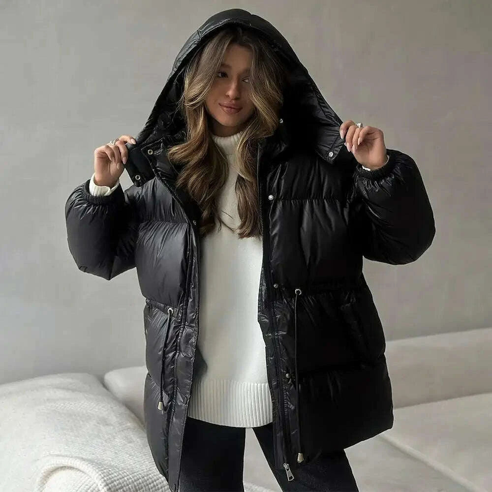 KIMLUD, Women Solid Thicken Cotton Jackets Casual Stand Collar Zipper Long Sleeves Lace Up Detachable Hat Coat Winter Lady Warm Outwear, KIMLUD Womens Clothes