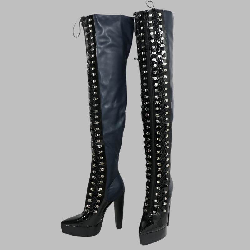 Sorbern Navy Blue Long Boots Women Fetish Style Block High Heel Pointed Toe Lace Up D-Hooks Mid Thigh High Boots Female Shoes