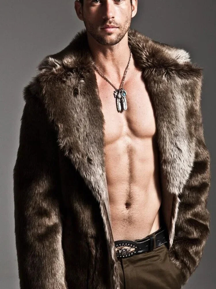 Men's Faux Fur Long Overcoat – Large Lapel Fur – Worsted | KIMLUD