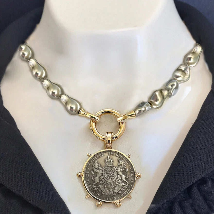 Choker Necklace - Coin Charm Pendant - Cubic Zirconia - Grey | KIMLUD