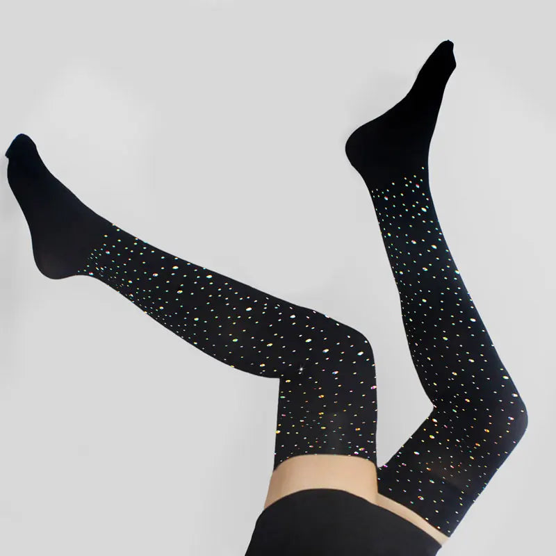 Rhinestone Knit Stockings Over The Knee — Black | KIMLUD